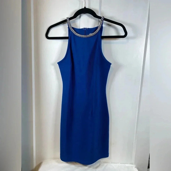 💚 Red Clover - Blue halter mini dress with rhinestone neckline - small - Picture 1 of 4